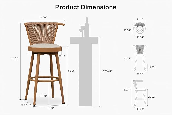 PURPLE LEAF Swivel Outdoor Bar Height Stools Set of 4 Modern Wicker Bar Chairs - Image 3
