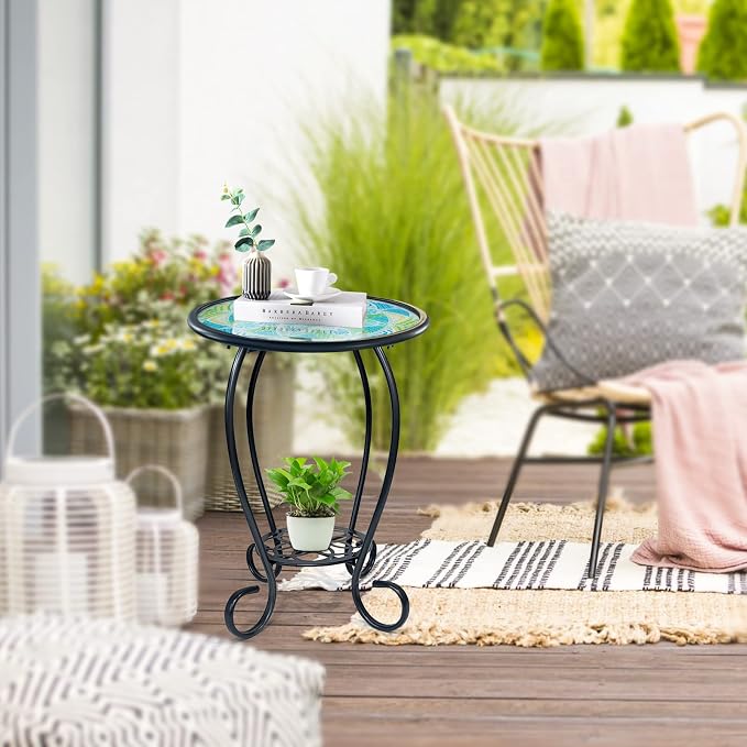 LIFFY Mosaic Outdoor Side Table, Mosaic Plant Stand, End Table W/Storage Shelf - Image 2