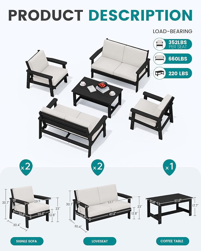 SERWALL HDPE Patio Furniture Set, 5 Piece All Weather Wood-Like Sectional - Image 2