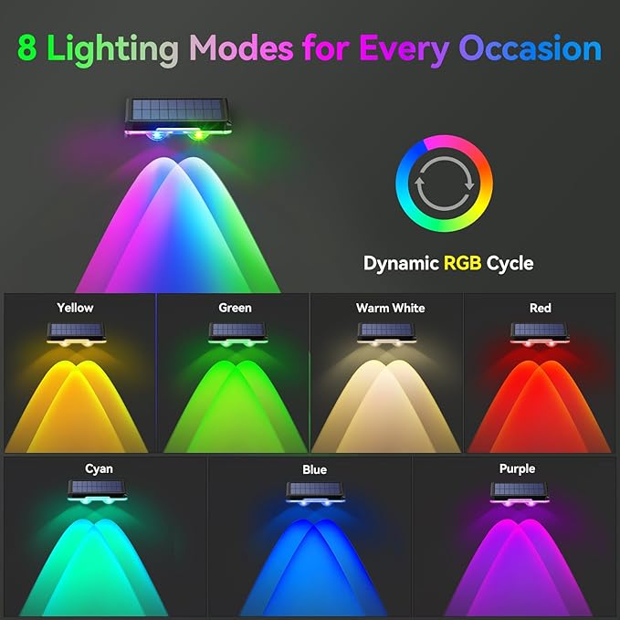 TECKNET Solar Fence Lights Outdoor 12 Pack, Warm White & 6 Colors & RGB - Image 2