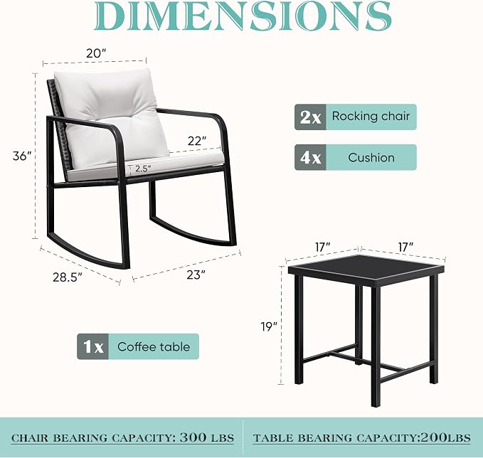 Greesum 3 Pieces Rocking Wicker Bistro Set, Patio Outdoor Furniture - Image 4