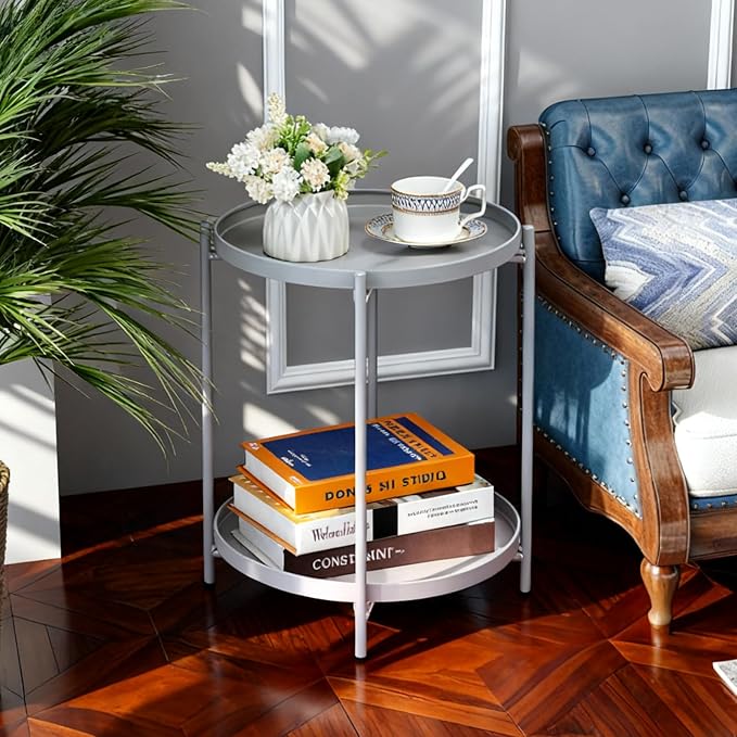 HollyHOME 2-Tier Round Side Table, Outdoor Small Folding Accent Stand - Image 8