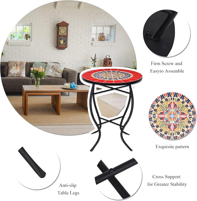 VCUTEKA Mosaic Outdoor Side Table, Living Room, Bistro Balcony or Lawn Red - Image 5