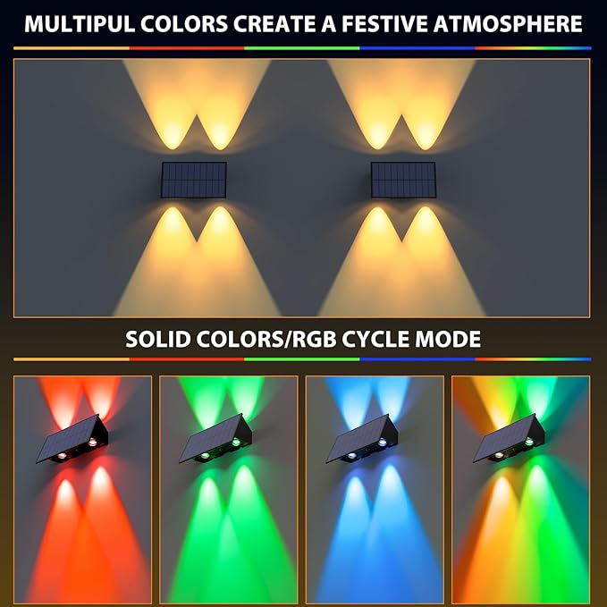 Solar Fence Lights, 12 Pack Solar Lights Outdoor Warm White + RGB Up & Down - Image 2