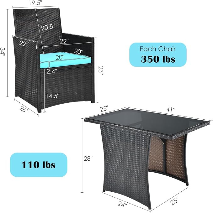 Tangkula 3 Pieces Patio Dining Set, Space-Saving PE Rattan Bistro Set - Image 5