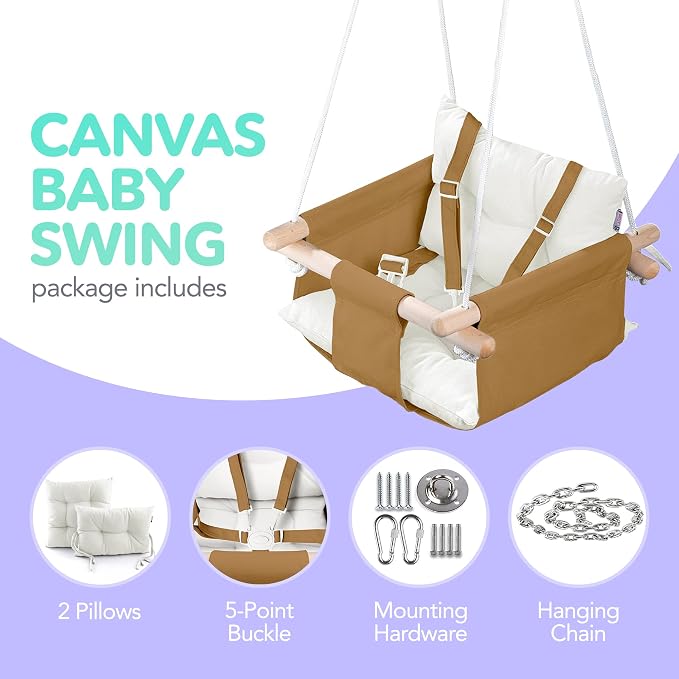 CaTeam - Canvas Baby Swing Chair, Wooden Hanging Seat - Image 3
