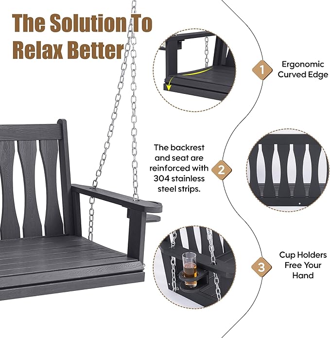 HIPS All-Weather Outdoor Hanging Porch Swing, 2 Seat Hanging Swing Bench - Image 4