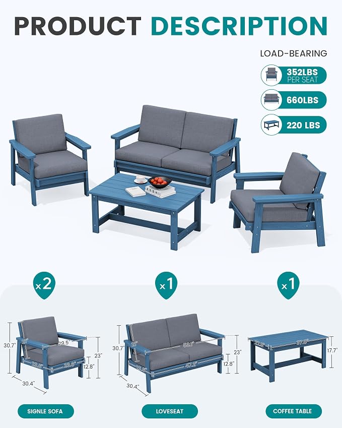 SERWALL 4 Piece HDPE Outdoor Furniture Set, All Weather Wood-Like Outdoor Sofa - Image 2