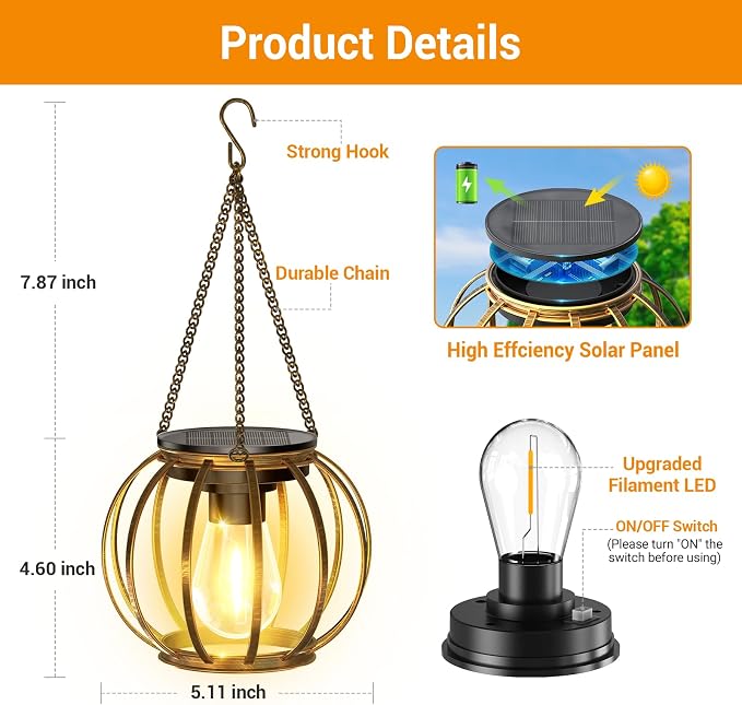 KOOPER Solar Lanterns Outdoor Waterproof, Upgraded Bronze Metal Hanging Solar - Image 7
