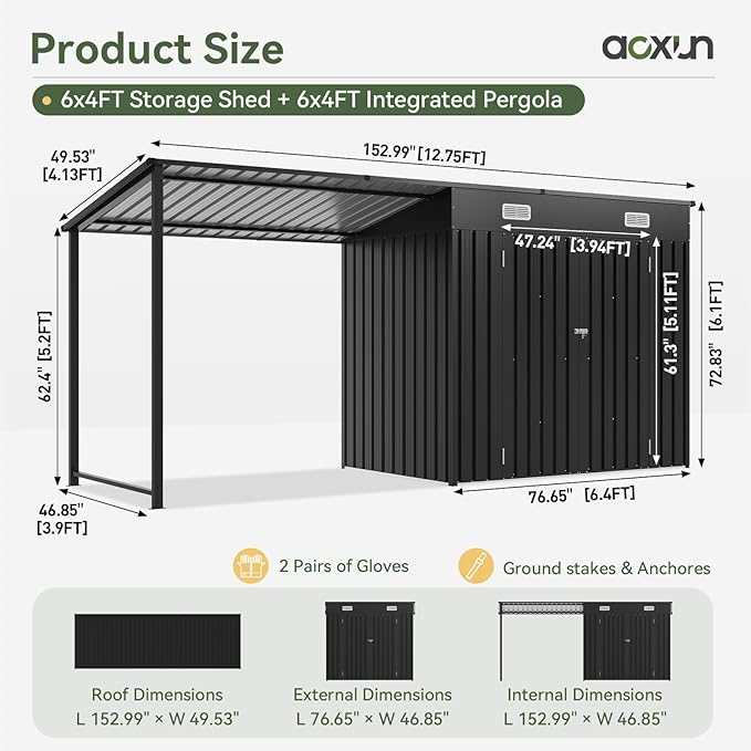 Aoxun 6x4FT Outdoor Storage Shed & Hardtop Gazebo Combo, 12x4FT Metal Lean to - Image 2