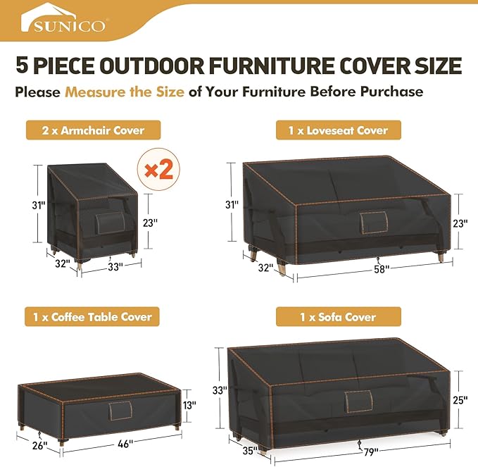 SUNICO Outdoor Patio Furniture Covers Set, 5 Piece Patio Covers - Image 2