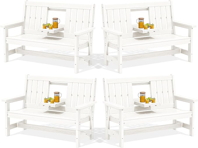 SERWALL Outdoor Bench with Cup Holder, All Weather Patio Benches with High by SERWALL