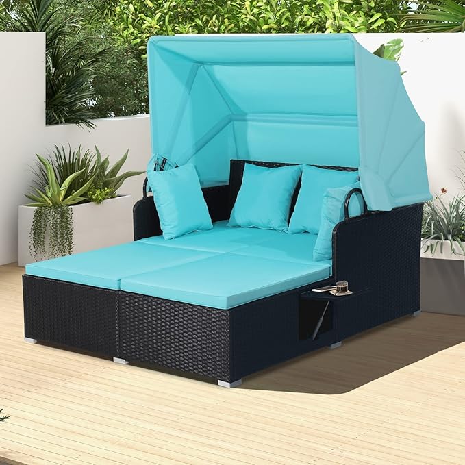 COSTWAY Outdoor Daybed with Retractable Canopy, Wicker Patio Furniture Set with by COSTWAY