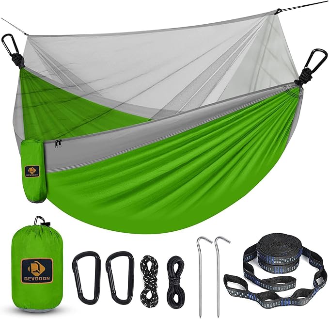 Camping Hammock with Net, Travel Portable Lightweight Hammocks with Tree Straps by QEVOOON