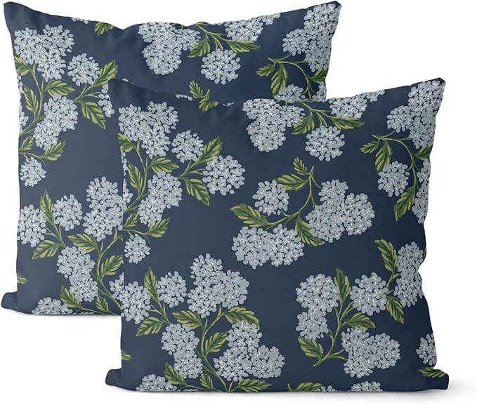 Navy Blue Spring Pillow Covers 20x20 Inch 2 Pcs Blue Green Hydrangea Flower by DAFENA