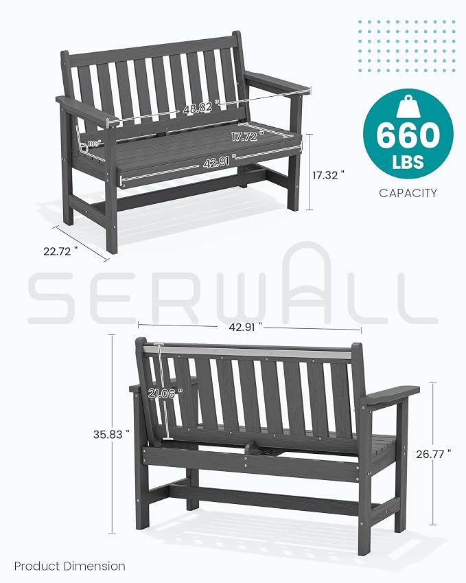SERWALL Outdoor Bench, HDPE Outdoor Benches Weatherproof, 2-Person Garden Bench - Image 3