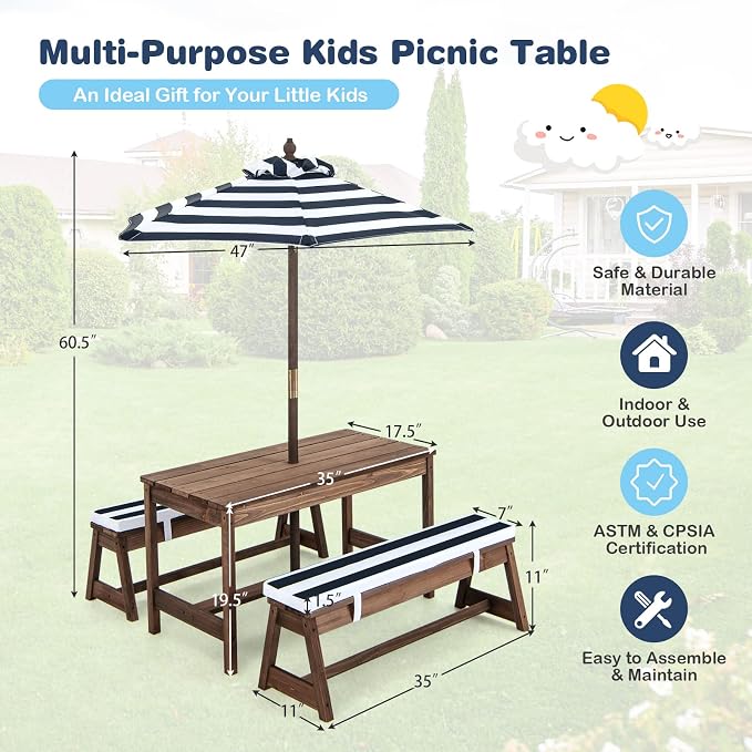 HONEY JOY Kids Picnic Table, Outdoor Wooden Table & Bench Set w/Removable - Image 6