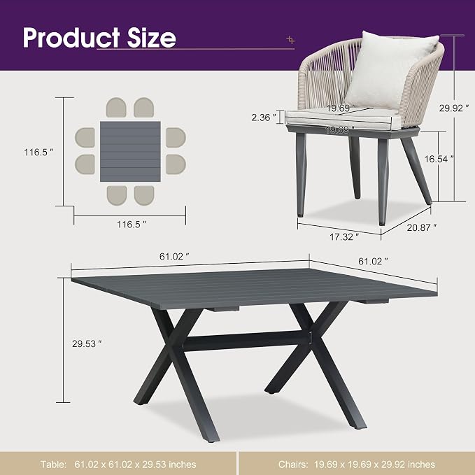 PURPLE LEAF 9 Pieces Outdoor Metal Furniture Set Patio Conversation Sets Dining - Image 9