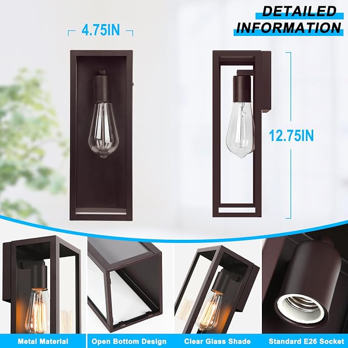 2-Pack Outdoor Wall Lanterns, Oil Rubbed Bronze Porch Lights, Anti-Rust E26 - Image 3