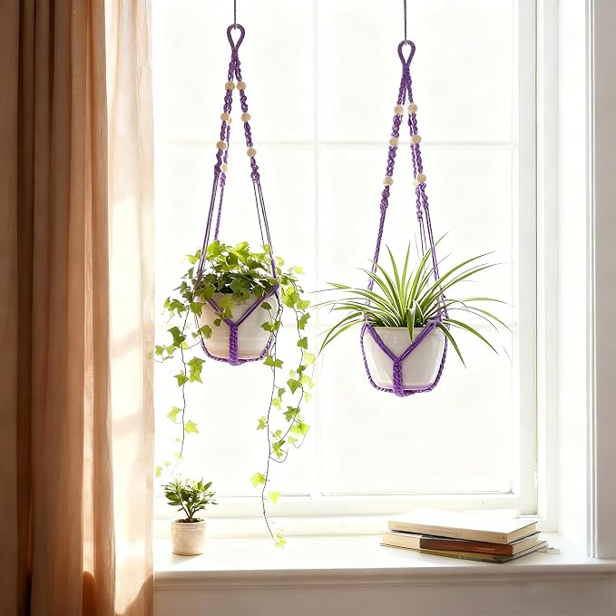 Macrame Plant Hanger, Wood Beads Cotton Hanging Planter Holder - Image 3