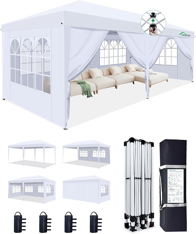 10x20 Pop Up Canopy Tent with 6 Removable Sidewalls, One-Push Center Lock Design by ACEPICOutdoor