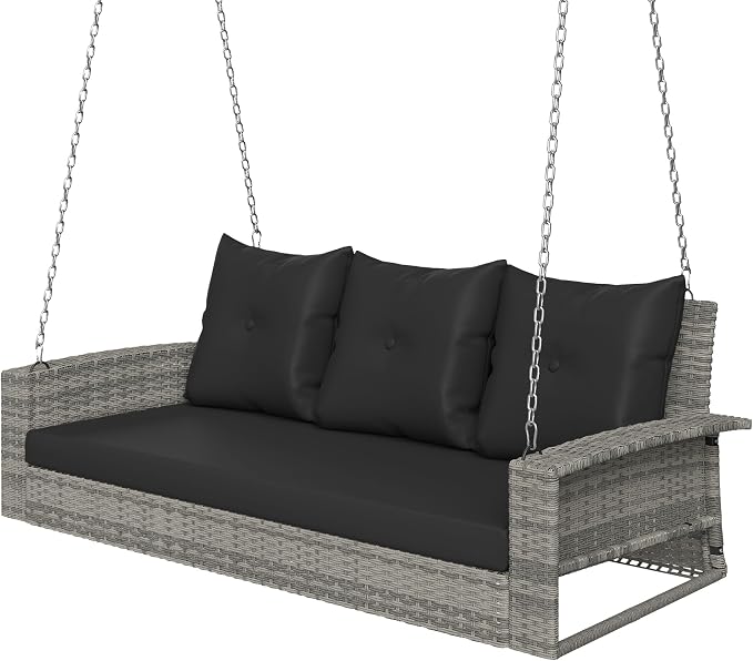 YITAHOME 3-Seats Outdoor Hanging Porch Swing Chair Rattan Black Wicker Patio - Image 6