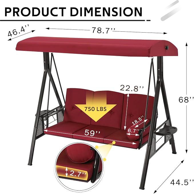 U-MAX 3-Seat Porch Swing Chair Steel Frame, Patio Swing Chair - Image 5