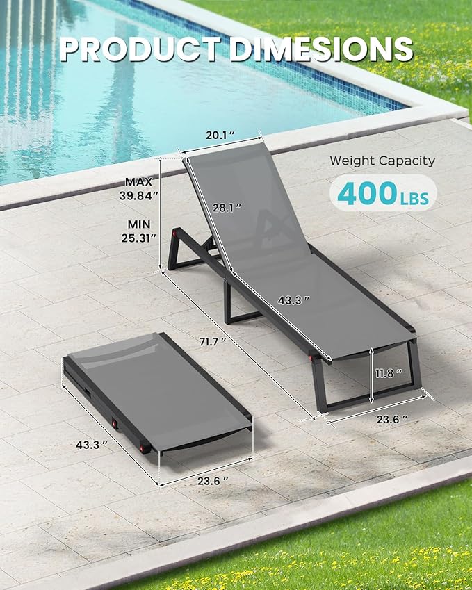 Aluminum Chaise Lounge Chair Outdoor, Foldable & No Assembly Pool Lounge Chairs - Image 2