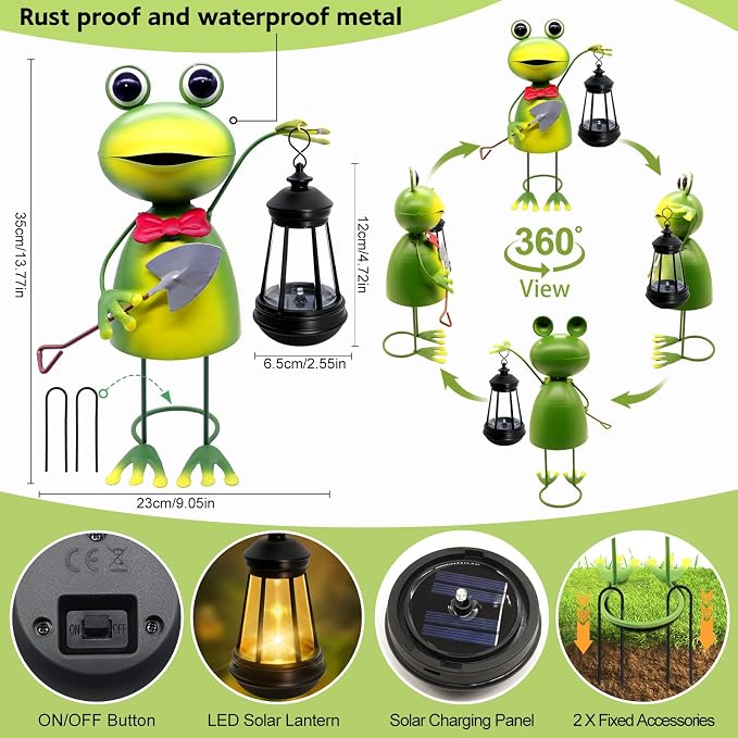 Solar Garden Lights Frog Statue, 13.78in Tall Frog - Image 3