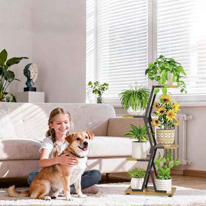 iDavosic.ly 4 Tier Indoor Plant Stand, Corner Tall Metal & Wood Flower Shelf - Image 6