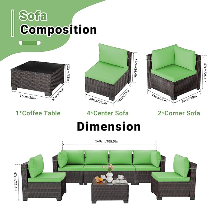 LEVELEVE 7 Pieces Outdoor Patio Furniture Sets, Rattan Conversation Sectional - Image 2