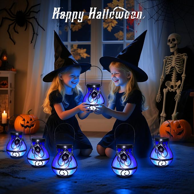 2 Pack Halloween Lights Outdoor Spider Hanging Solar Lantern Flickering Flame - Image 6