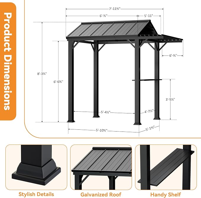 Grill Gazebo 6' x 8' with Galvanized Steel Roof and Pergola Extension, BBQ - Image 3
