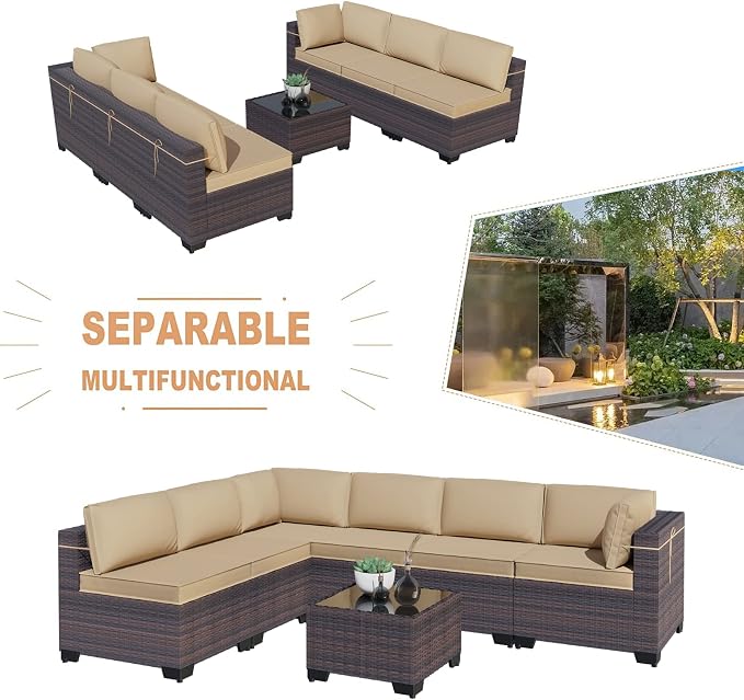 Kullavik 7 Pieces Outdoor Patio Furniture Set, Sectional Rattan Sofa Set Brown - Image 7