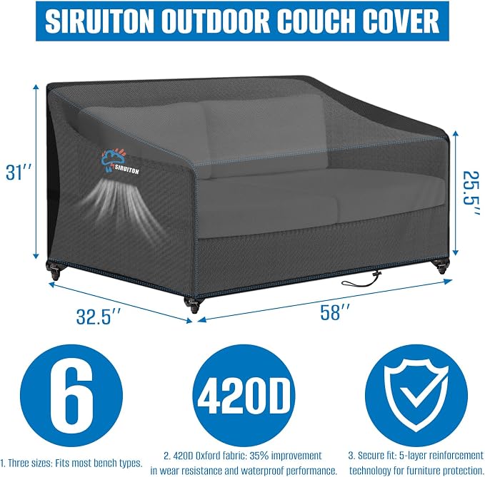 SIRUITON 2-Seat Garden Patio Sofa/Loveseat/Bench Cover 58" W x 32.5" D x 31" H - Image 2
