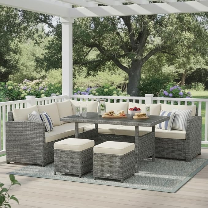 Tangkula 7 Pieces Patio Furniture Set, Outdoor Sectional Rattan Dining Sofa Set by TANGKULA