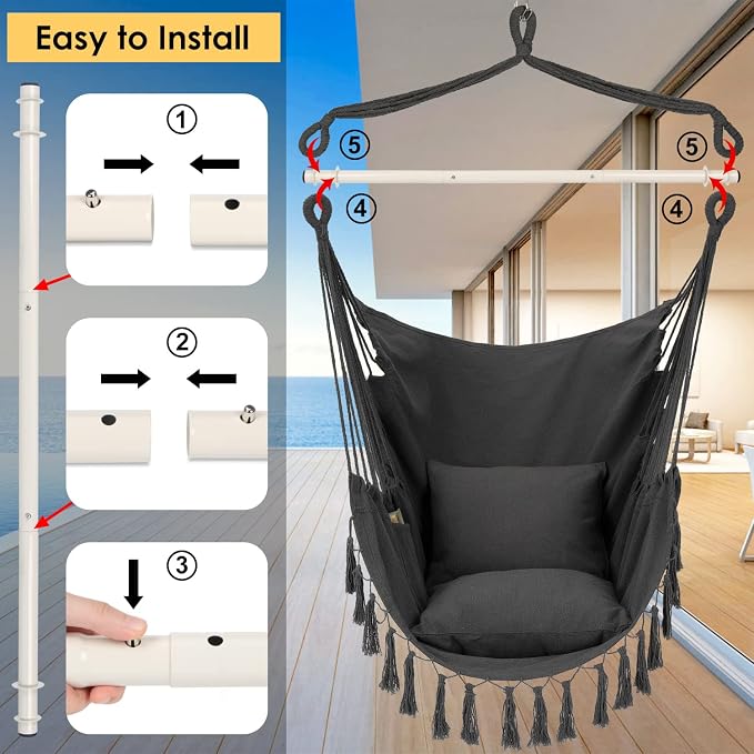 Y- STOP Hammock Chair Hanging Rope Swing, Max 500 Lbs, 2 Cushions Included - Image 5