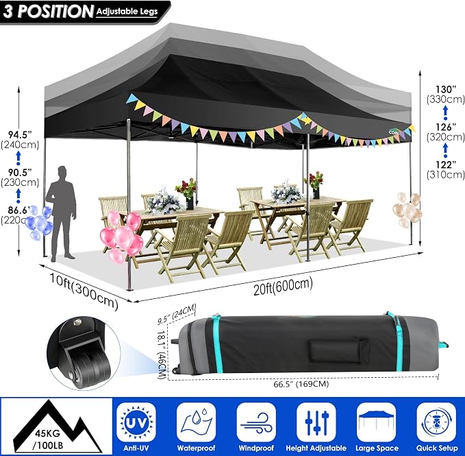 COBIZI 10x20 Heavy Duty Pop up Canopy Tent Easy Up Commercial Outdoor Canopy - Image 6