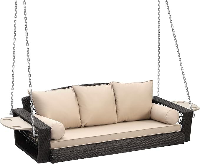 Grepatio 3 Person Porch Swing Patio Wicker Hanging Porch Swing Chair Outdoor by Takesyoutohaveawonderfullife