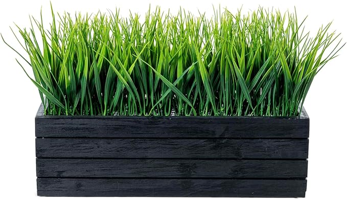 MyGift 14 Inch Artificial Green Grass Plant in Vintage Black Wood Planter - Image 6