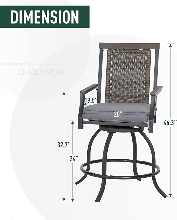 PHI VILLA Outdoor Swivel Bar Stools Set of 6, Rattan Backrest and Wood-Like - Image 2