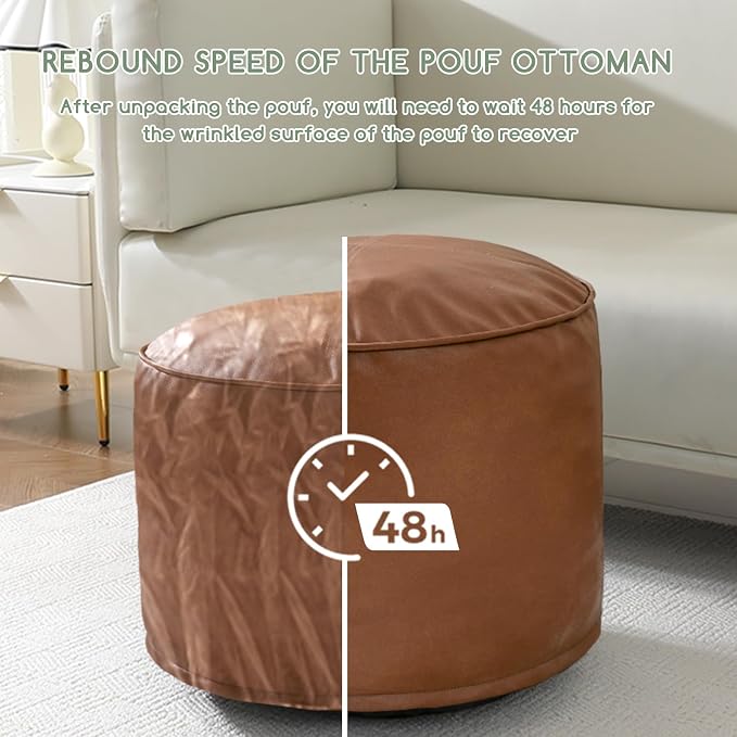 HIGOGOGO Round Stuffed Pouf Ottoman, Pu Leather Poufs - Image 7