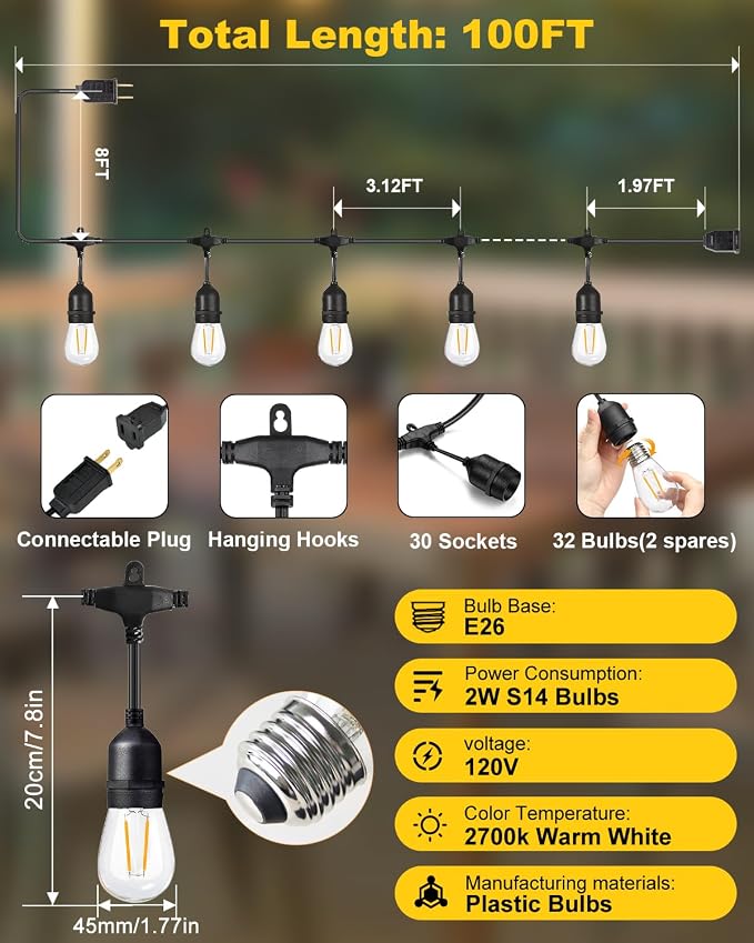 BRIMAX 2W 100FT Outdoor String Lights Commercial Grade - Image 3