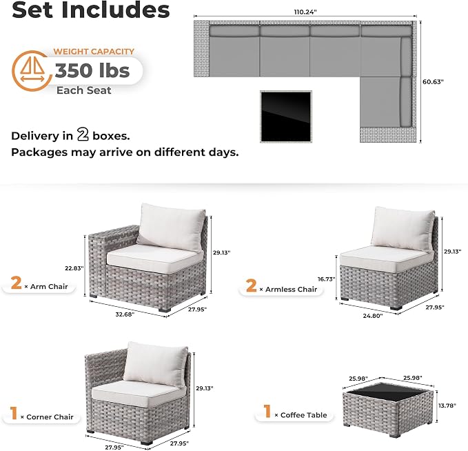 ovios 6 Pieces Patio Furniture Set, Outdoor Wicker Sectional Sofa - Image 2