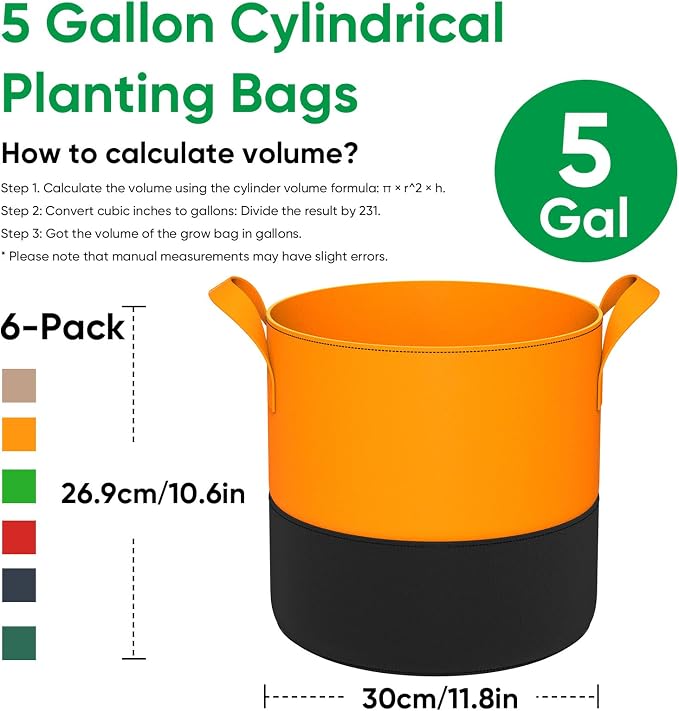 5-Gallon Grow Bags: 6 Pack Heavy Duty 350G Thickened Fabric Pots Nonwoven Felt - Image 2