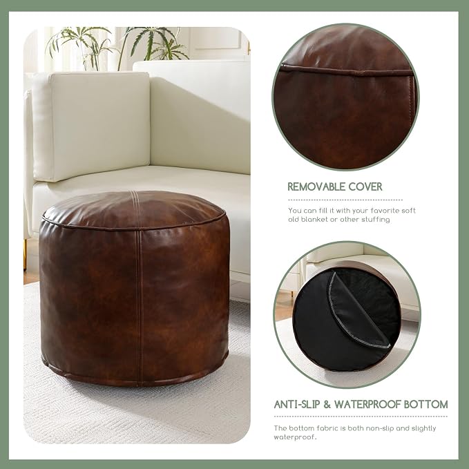 HIGOGOGO Round Stuffed Pouf Ottoman, Pu Leather Poufs - Image 5