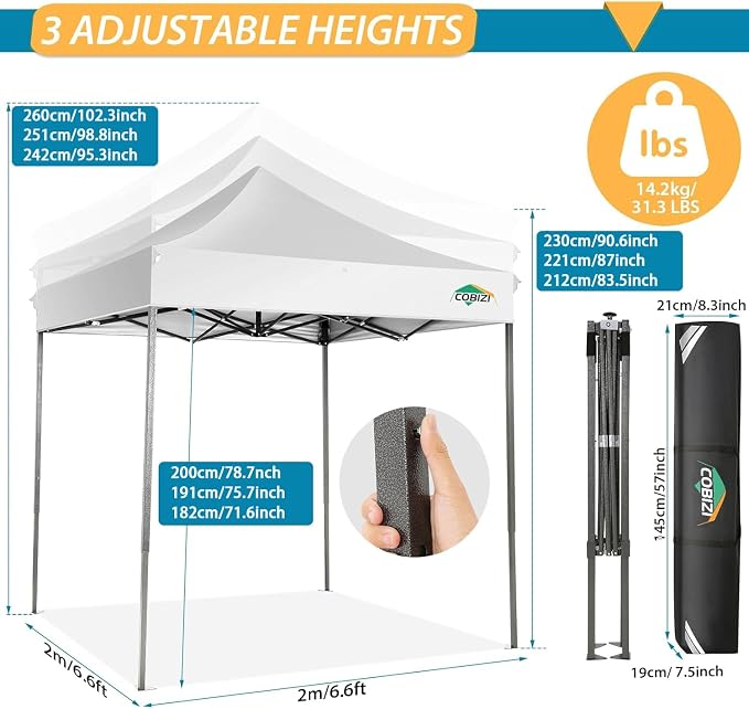 COBIZI 6.6x6.6 Pop Up Canopy Without Sidewall, Heavy Duty Canopy UPF 50+ All - Image 4
