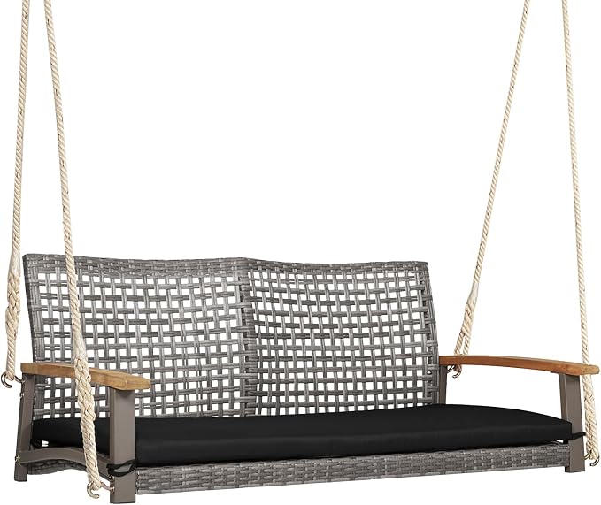 Happygrill 2-Person Patio Porch Swing Chair, Outdoor Rattan Swing Bench by HAPPYGRILL