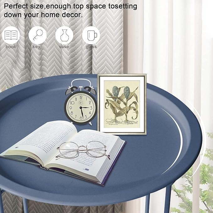 Garden 4 you End Table 2 PCS Metal Side Table Dark Blue Round Folding Tray Cyan - Image 4