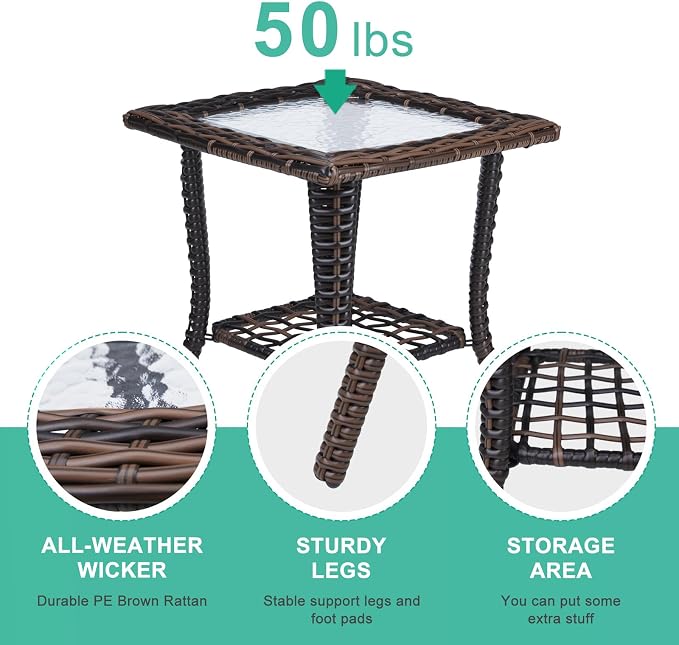 VINGLI Outdoor Side Table with Storage Wicker Patio Side Table, Tempered Glass - Image 5